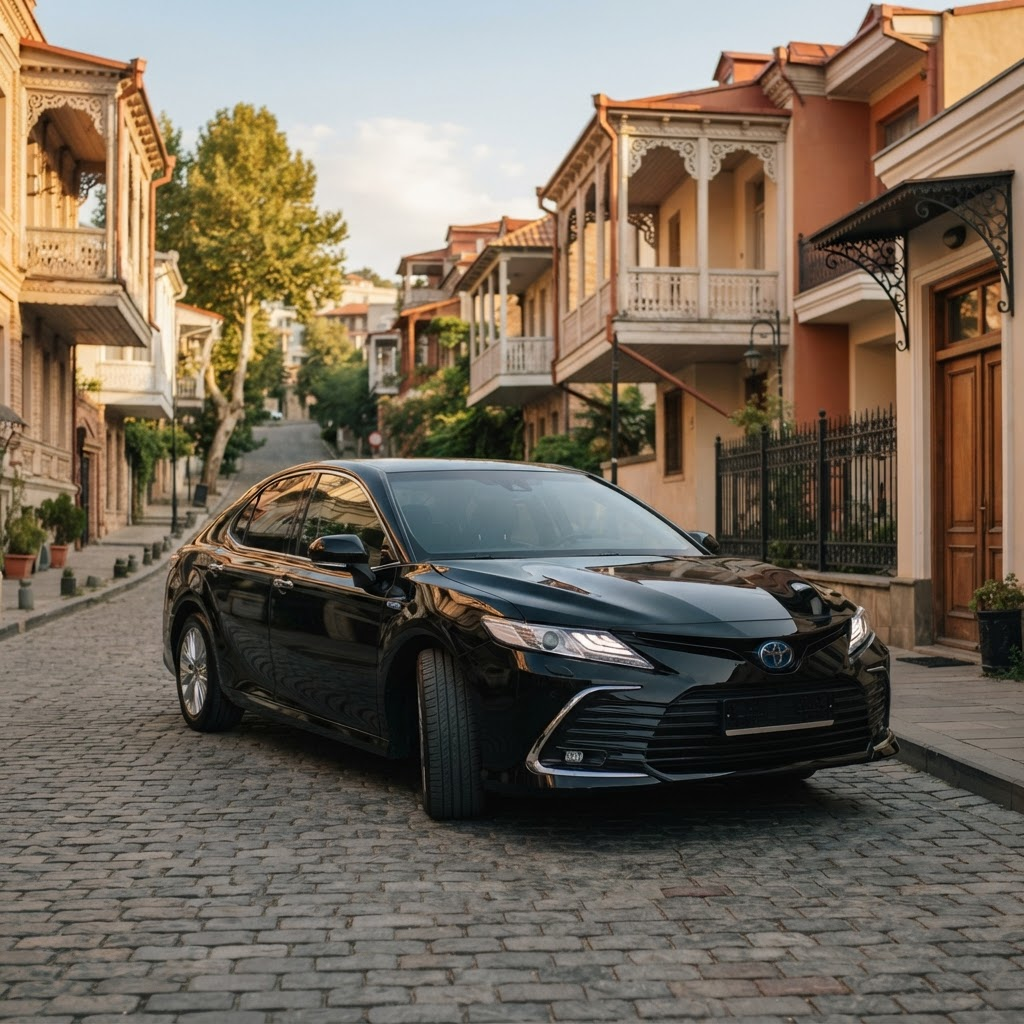 Exterior view of the black Toyota Camry Hybrid