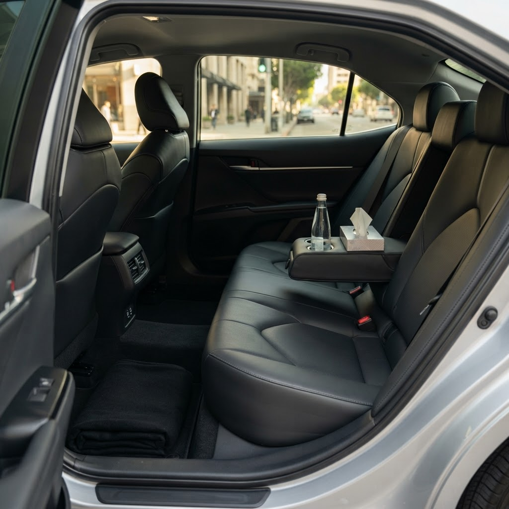 Spacious rear passenger seats with amenities