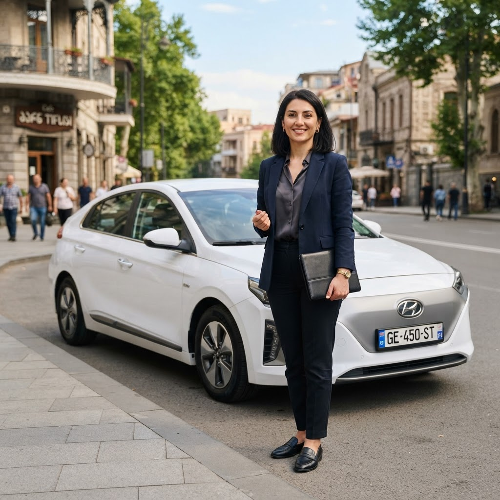 Nino standing beside her white Hyundai Ioniq EV in Tbilisi